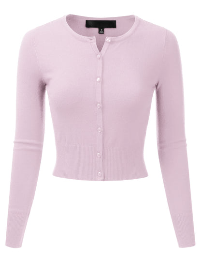 Women's Crewneck Button Down Long Sleeve Cropped Cardigan Sweater (S-XL)