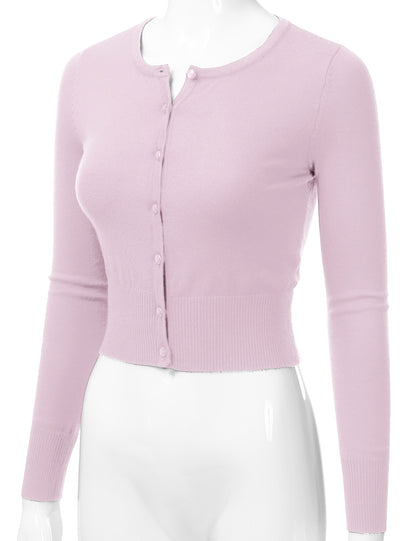 Women's Crewneck Button Down Long Sleeve Cropped Cardigan Sweater (S-XL)