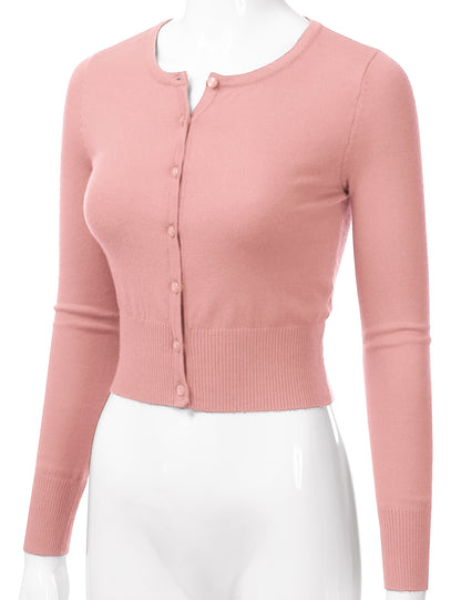 Women's Crewneck Button Down Long Sleeve Cropped Cardigan Sweater (S-XL)