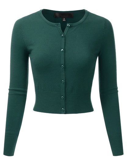 Women's Crewneck Button Down Long Sleeve Cropped Cardigan Sweater (S-XL)