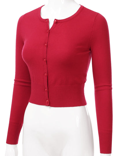Women's Crewneck Button Down Long Sleeve Cropped Cardigan Sweater (S-XL)