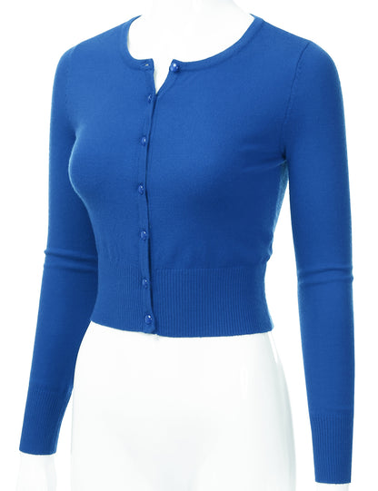 Women's Crewneck Button Down Long Sleeve Cropped Cardigan Sweater (S-XL)