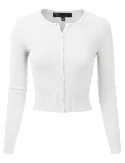 Women's Crewneck Button Down Long Sleeve Cropped Cardigan Sweater (S-XL)