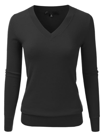 Women's Long Sleeve V-Neck Slim Fit Pullover Soft Knit Top Sweater (S-XL)