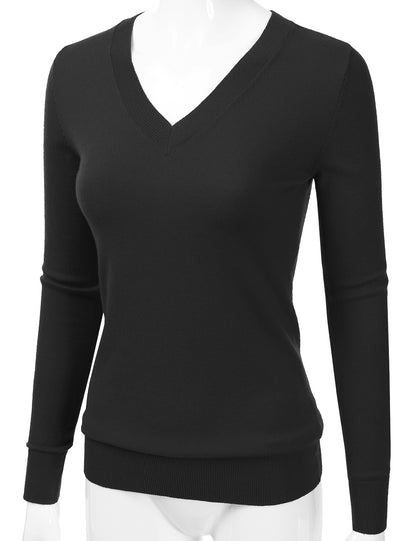 Women's Long Sleeve V-Neck Slim Fit Pullover Soft Knit Top Sweater (S-XL)