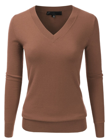 Women's Long Sleeve V-Neck Slim Fit Pullover Soft Knit Top Sweater (S-XL)