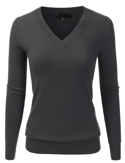 Women's Long Sleeve V-Neck Slim Fit Pullover Soft Knit Top Sweater (S-XL)