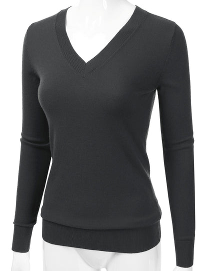 Women's Long Sleeve V-Neck Slim Fit Pullover Soft Knit Top Sweater (S-XL)