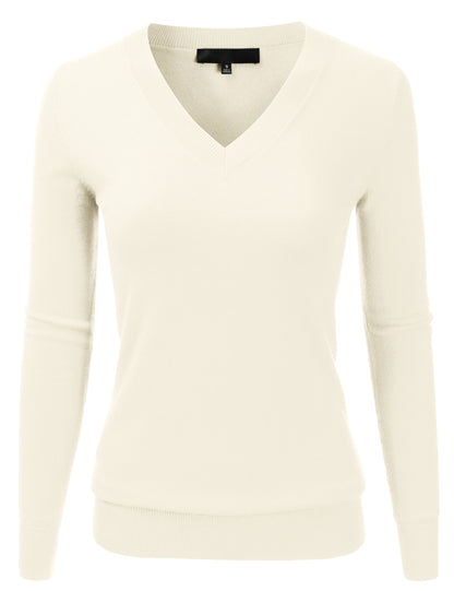 Women's Long Sleeve V-Neck Slim Fit Pullover Soft Knit Top Sweater (S-XL)