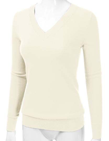 Women's Long Sleeve V-Neck Slim Fit Pullover Soft Knit Top Sweater (S-XL)