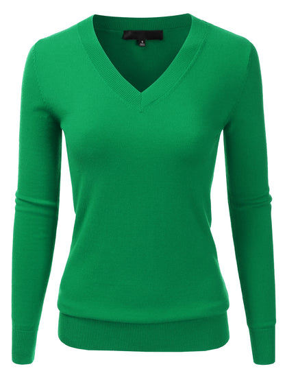 Women's Long Sleeve V-Neck Slim Fit Pullover Soft Knit Top Sweater (S-XL)