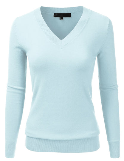 Women's Long Sleeve V-Neck Slim Fit Pullover Soft Knit Top Sweater (S-XL)