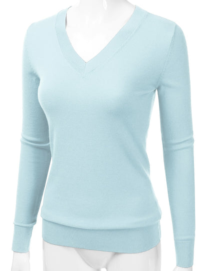 Women's Long Sleeve V-Neck Slim Fit Pullover Soft Knit Top Sweater (S-XL)