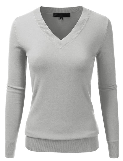 Women's Long Sleeve V-Neck Slim Fit Pullover Soft Knit Top Sweater (S-XL)