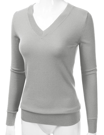 Women's Long Sleeve V-Neck Slim Fit Pullover Soft Knit Top Sweater (S-XL)