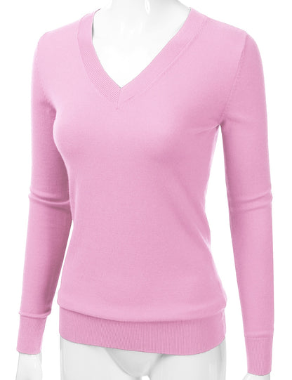 Women's Long Sleeve V-Neck Slim Fit Pullover Soft Knit Top Sweater (S-XL)