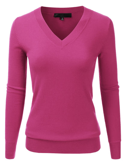 Women's Long Sleeve V-Neck Slim Fit Pullover Soft Knit Top Sweater (S-XL)