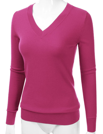 Women's Long Sleeve V-Neck Slim Fit Pullover Soft Knit Top Sweater (S-XL)