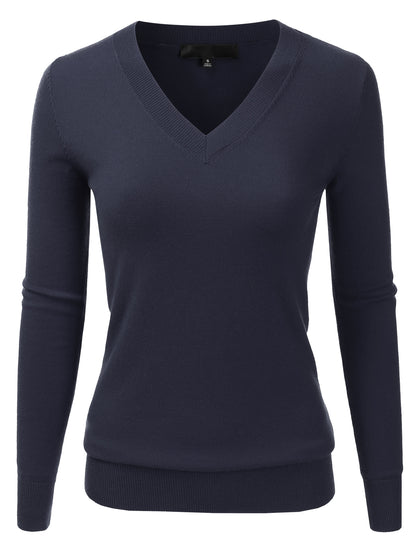 Women's Long Sleeve V-Neck Slim Fit Pullover Soft Knit Top Sweater (S-XL)