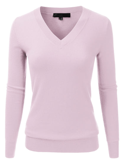 Women's Long Sleeve V-Neck Slim Fit Pullover Soft Knit Top Sweater (S-XL)