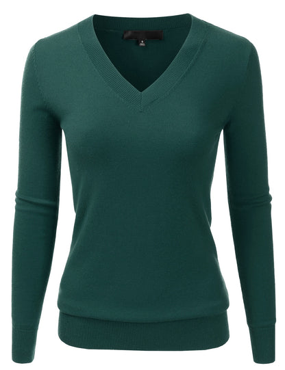 Women's Long Sleeve V-Neck Slim Fit Pullover Soft Knit Top Sweater (S-XL)