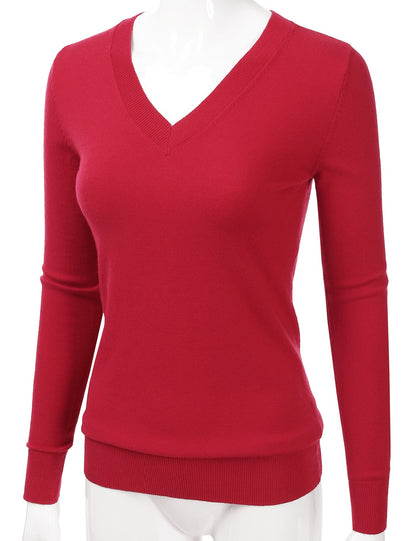 Women's Long Sleeve V-Neck Slim Fit Pullover Soft Knit Top Sweater (S-XL)