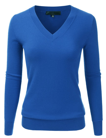Women's Long Sleeve V-Neck Slim Fit Pullover Soft Knit Top Sweater (S-XL)