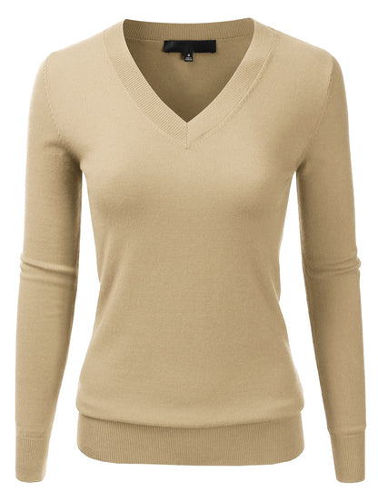 Women's Long Sleeve V-Neck Slim Fit Pullover Soft Knit Top Sweater (S-XL)