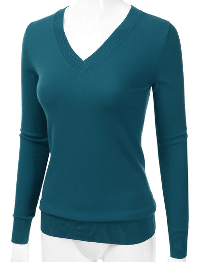 Women's Long Sleeve V-Neck Slim Fit Pullover Soft Knit Top Sweater (S-XL)