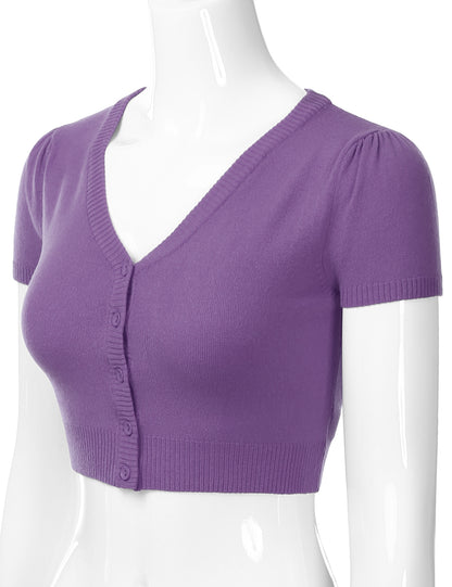 Women's Fitted V-Neck Bolero Shrug Cropped Short Sleeve Cardigan Sweater (S-3X)