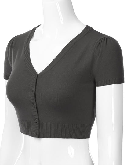 Women's Fitted V-Neck Bolero Shrug Cropped Short Sleeve Cardigan Sweater (S-3X)