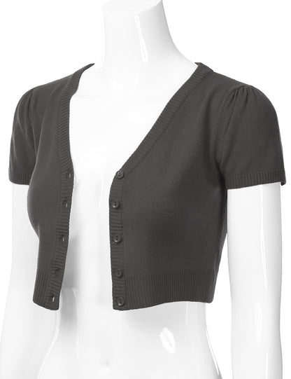 Women's Fitted V-Neck Bolero Shrug Cropped Short Sleeve Cardigan Sweater (S-3X)