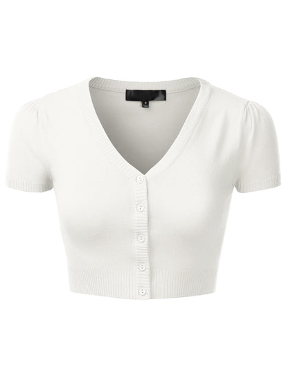 Women's Fitted V-Neck Bolero Shrug Cropped Short Sleeve Cardigan Sweater (S-3X)