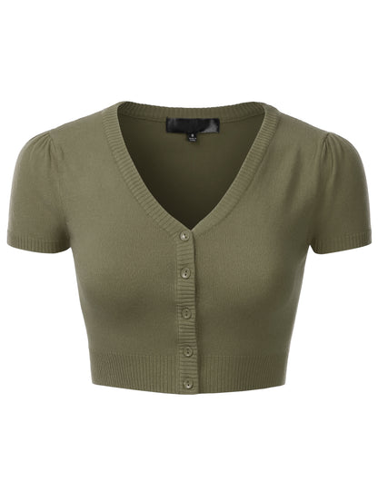 Women's Fitted V-Neck Bolero Shrug Cropped Short Sleeve Cardigan Sweater (S-3X)
