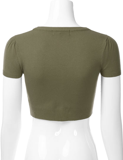 Women's Fitted V-Neck Bolero Shrug Cropped Short Sleeve Cardigan Sweater (S-3X)