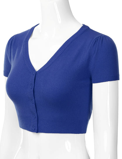 Women's Fitted V-Neck Bolero Shrug Cropped Short Sleeve Cardigan Sweater (S-3X)