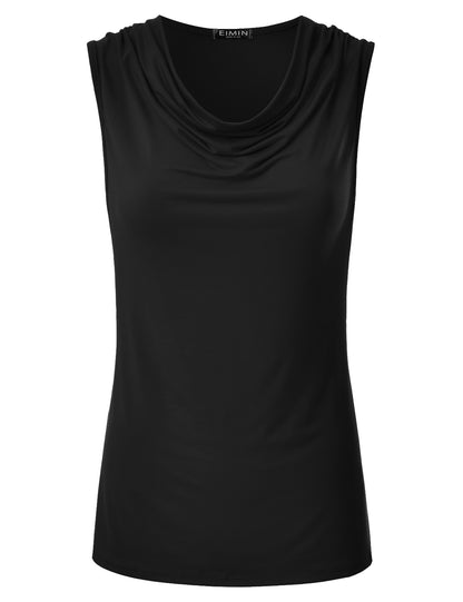 Women's Cowl Neck Ruched Draped Sleeveless Stretchy Blouse Tank Top (S-3X)