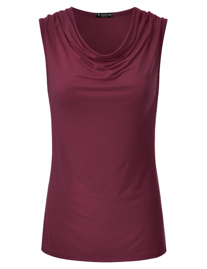 Women's Cowl Neck Ruched Draped Sleeveless Stretchy Blouse Tank Top (S-3X)