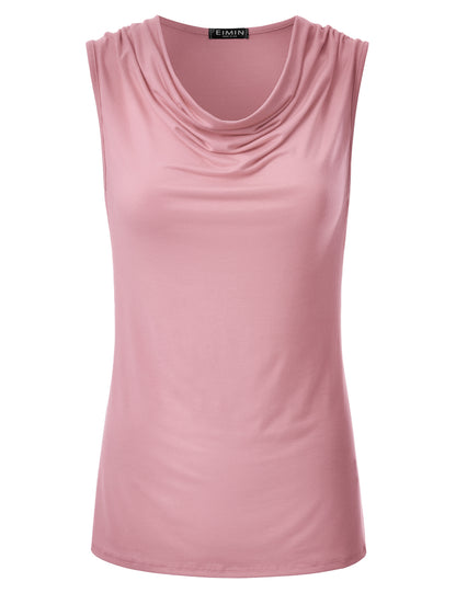 Women's Cowl Neck Ruched Draped Sleeveless Stretchy Blouse Tank Top (S-3X)