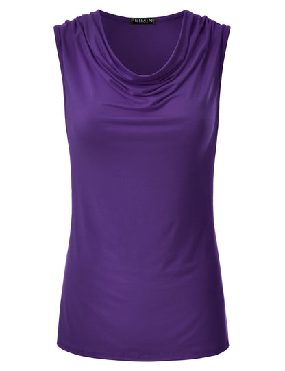 Women's Cowl Neck Ruched Draped Sleeveless Stretchy Blouse Tank Top (S-3X)