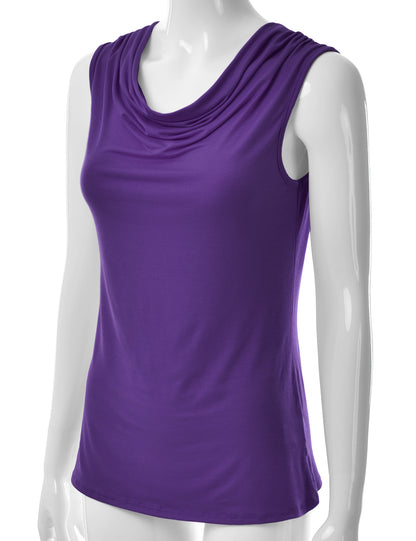 Women's Cowl Neck Ruched Draped Sleeveless Stretchy Blouse Tank Top (S-3X)