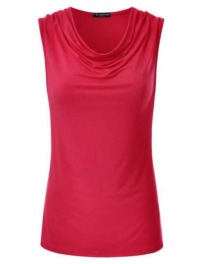 Women's Cowl Neck Ruched Draped Sleeveless Stretchy Blouse Tank Top (S-3X)