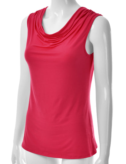 Women's Cowl Neck Ruched Draped Sleeveless Stretchy Blouse Tank Top (S-3X)
