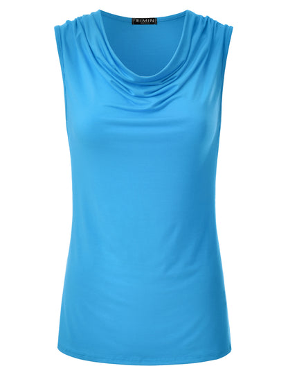 Women's Cowl Neck Ruched Draped Sleeveless Stretchy Blouse Tank Top (S-3X)