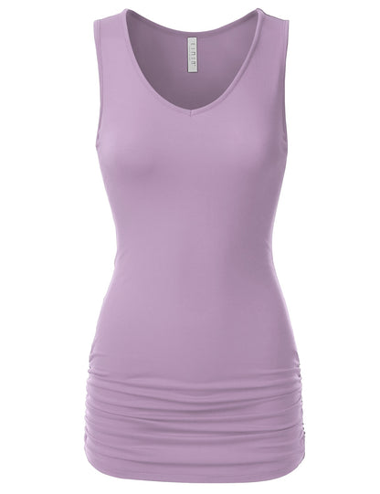Women's V-Neck Cami Sleeveless Stretch Comfy Shirring Tank Top (S-3XL)