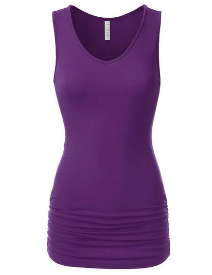 Women's V-Neck Cami Sleeveless Stretch Comfy Shirring Tank Top (S-3XL)