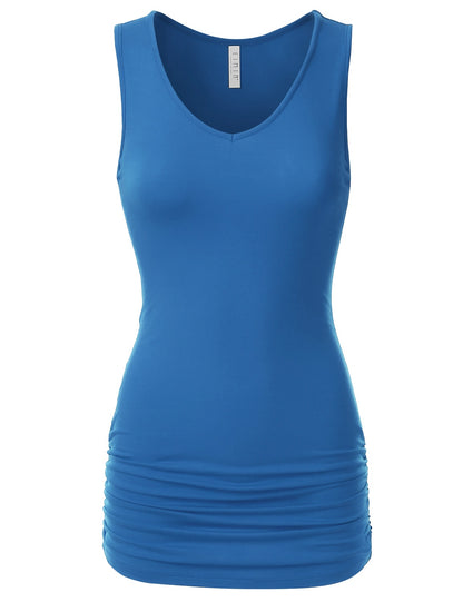 Women's V-Neck Cami Sleeveless Stretch Comfy Shirring Tank Top (S-3XL)